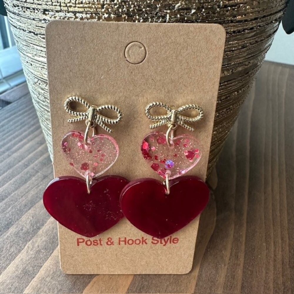 valentine Acrylic Red heart shaped and Bow Decor Earrings For Women